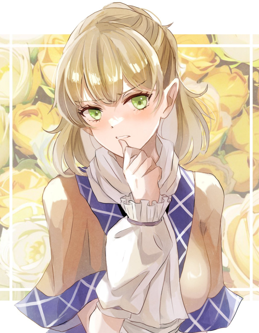 1girl aridamikannn arm_warmers biting blonde_hair blush breasts brown_shirt clenched_teeth commentary floral_background flower green_eyes highres looking_at_viewer medium_bangs medium_breasts mizuhashi_parsee pointy_ears rose scarf shirt short_hair short_ponytail short_sleeves solo teeth thumb_biting touhou upper_body white_scarf yellow_flower yellow_rose