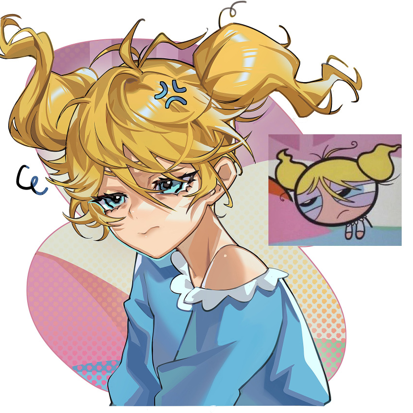1girl absurdres anger_vein blonde_hair blue_eyes blue_pajamas bubbles_(ppg) buttercup_redraw_challenge_(meme) closed_mouth derivative_work hair_between_eyes highres mato-c meme messy_hair multicolored_background multiple_views pajamas powerpuff_girls single_bare_shoulder sleepy twintails white_background