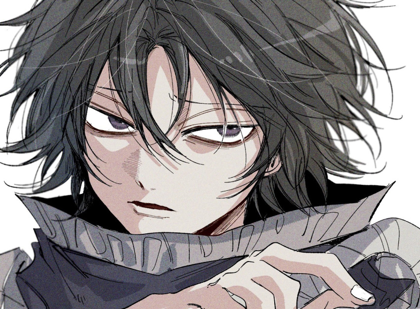 1boy black_hair feitan_portor grey_eyes hair_between_eyes hand_up high_collar hunter_x_hunter karasuma_(wbeach01) looking_to_the_side male_focus medium_hair messy_hair open_mouth portrait serious solo