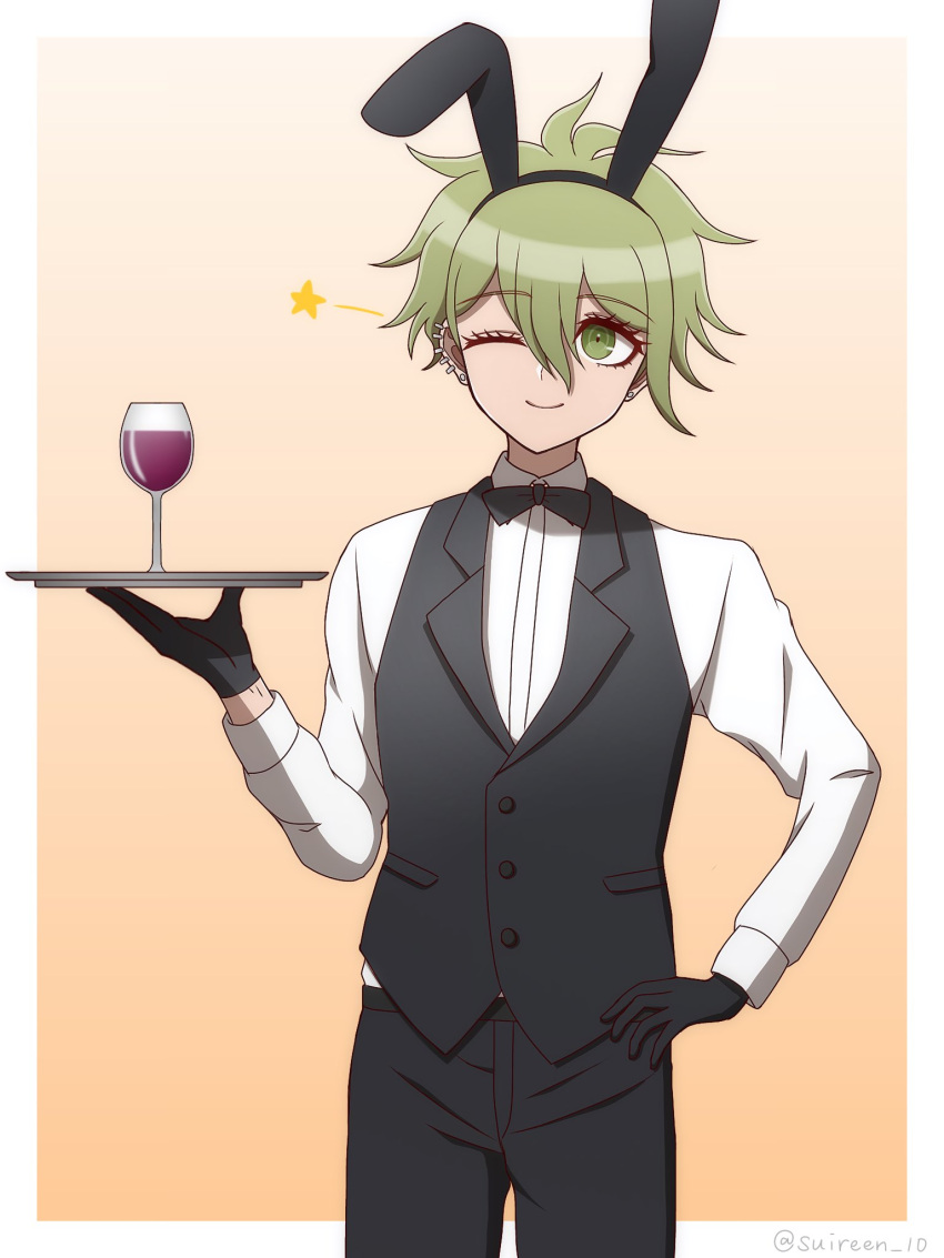 1boy ;) amami_rantaro animal_ears black_gloves black_pants black_vest brown_background butler cowboy_shot cup danganronpa_(series) danganronpa_v3:_killing_harmony drinking_glass ear_piercing fake_animal_ears gloves gradient_background green_eyes green_hair hand_up highres holding holding_tray long_sleeves one_eye_closed pants piercing rabbit_ears shirt short_hair smile solo suiren_yurei tray vest white_shirt wine_glass