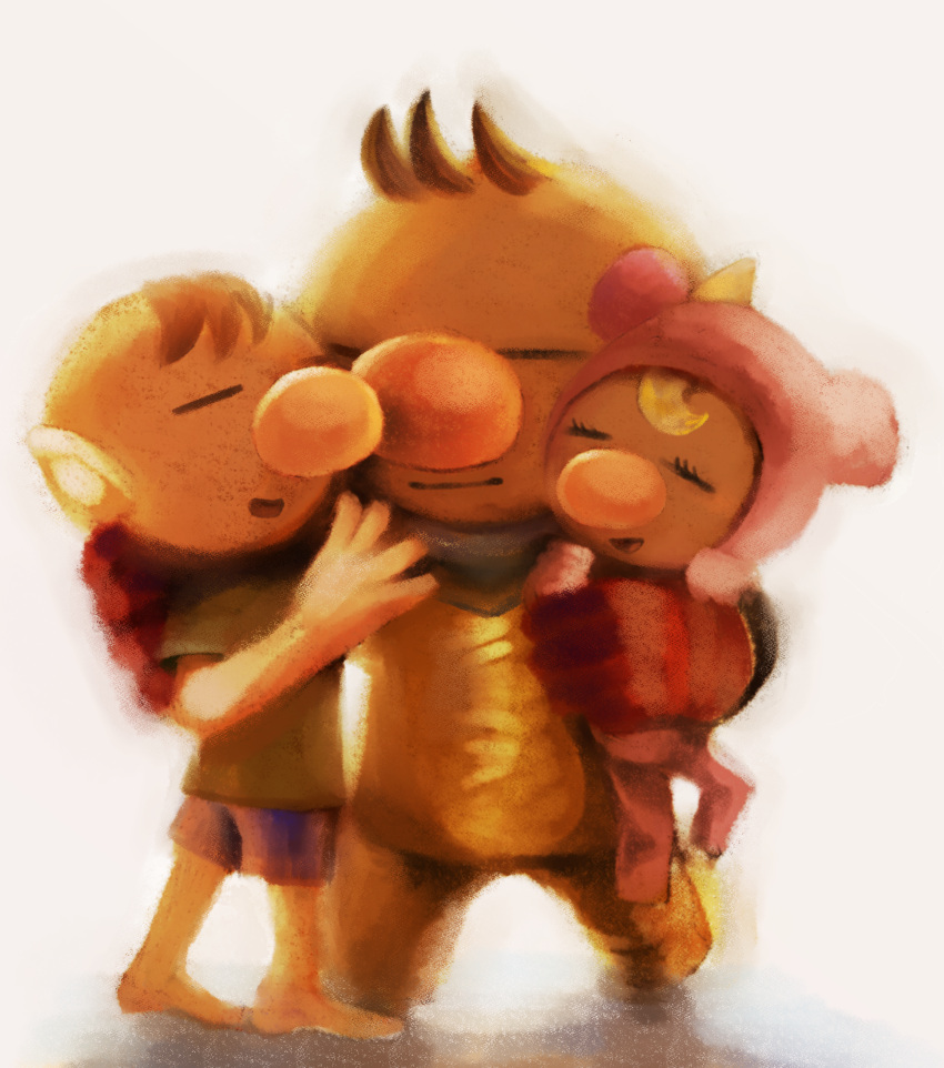 1girl 2boys absurdres barefoot big_nose blonde_hair blue_shorts brown_hair bun_cover closed_eyes double_bun eyelashes family gloves green_shirt hair_bun highres hug iat-418 jumpsuit kneeling multiple_boys olimar olimar's_daughter olimar's_son open_mouth parent_and_child pikmin_(series) pink_jumpsuit pointy_ears red_gloves shirt short_sleeves shorts smile spacesuit t-shirt