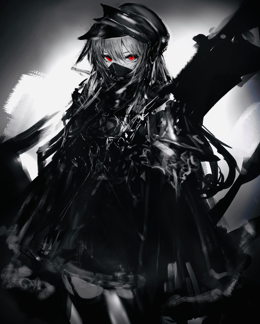 1girl absurdres black_dress black_headwear black_jacket black_mask black_theme black_thighhighs chain cowboy_shot dress garter_straps grey_hair greyscale hair_between_eyes highres jacket long_hair long_sleeves looking_at_viewer mask monochrome mouth_mask open_clothes open_jacket original pale_skin red_eyes sidelocks sleeves_past_fingers sleeves_past_wrists solo spot_color thigh-highs tuda6 weapon weapon_on_back
