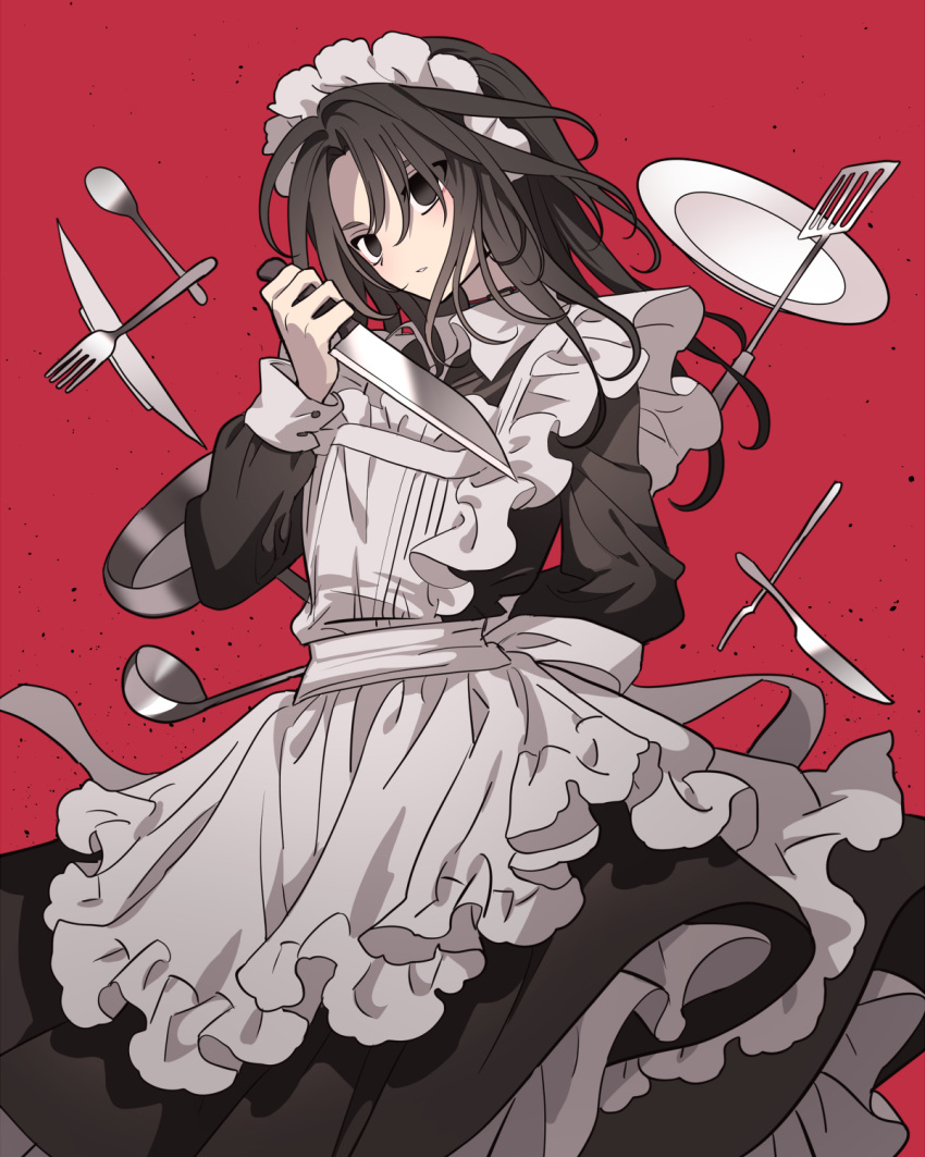 1boy alternate_costume apron arm_behind_back black_dress black_eyes black_hair commentary crossdressing dress empty_eyes enmaided fork frilled_dress frills head_tilt highres holding holding_knife kimi_ga_shine kitchen_knife knife ladle layered_dress light_frown long_hair long_sleeves looking_at_viewer maid maid_headdress male_focus meremero plate red_background satou_kai simple_background solo spatula spoon white_apron