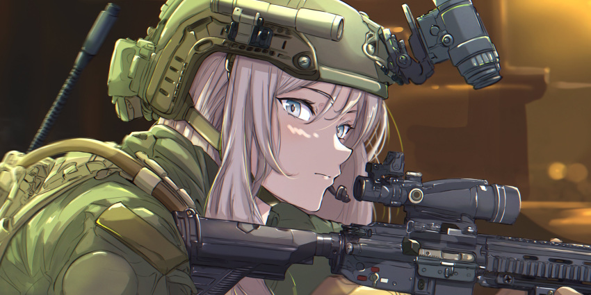 1girl absurdres assault_rifle combat_helmet commentary expressionless flashlight from_side gloves green_shirt green_vest grey_eyes grey_hair gun headset highres holding holding_gun holding_weapon hololive long_hair looking_at_viewer m4_carbine military_jacket night_vision_device optical_sight rifle shirt shishiro_botan sidelocks solo tactical_clothes upper_body utility_vest vest virtual_youtuber weapon yellow_gloves zexalmike