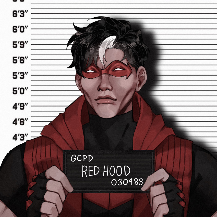 1boy batman_(series) bodysuit calladraws1 dc_comics domino_mask english_text height_chart highres holding holding_sign jason_todd looking_at_viewer male_focus mask meme multicolored_hair red_hood_(dc) red_mask sign solo two-tone_hair western_comics_(style) white_hair