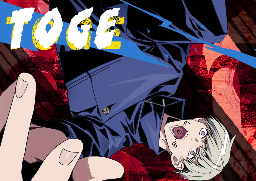1boy arm_up blue_jacket blue_pants character_name facial_tattoo grey_hair highres inumaki_toge jacket jujutsu_kaisen jujutsu_tech_uniform long_sleeves looking_at_viewer male_focus open_mouth pants red_background s_o_i short_hair solo tattoo tongue_tattoo upside-down v-shaped_eyebrows violet_eyes