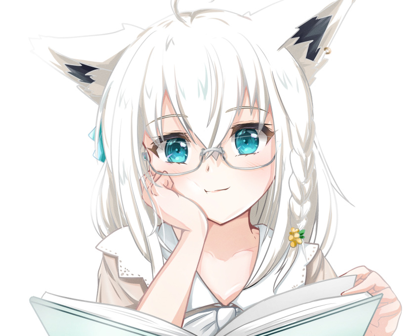 1girl ahoge anakairi animal_ear_fluff animal_ears blush book braid commentary_request earrings flower fox_ears fox_girl glasses green_eyes hair_between_eyes hair_flower hair_ornament head_rest highres hololive jewelry long_hair looking_at_viewer open_book shirakami_fubuki shirt sidelocks simple_background single_braid smile solo virtual_youtuber white_background white_hair white_shirt