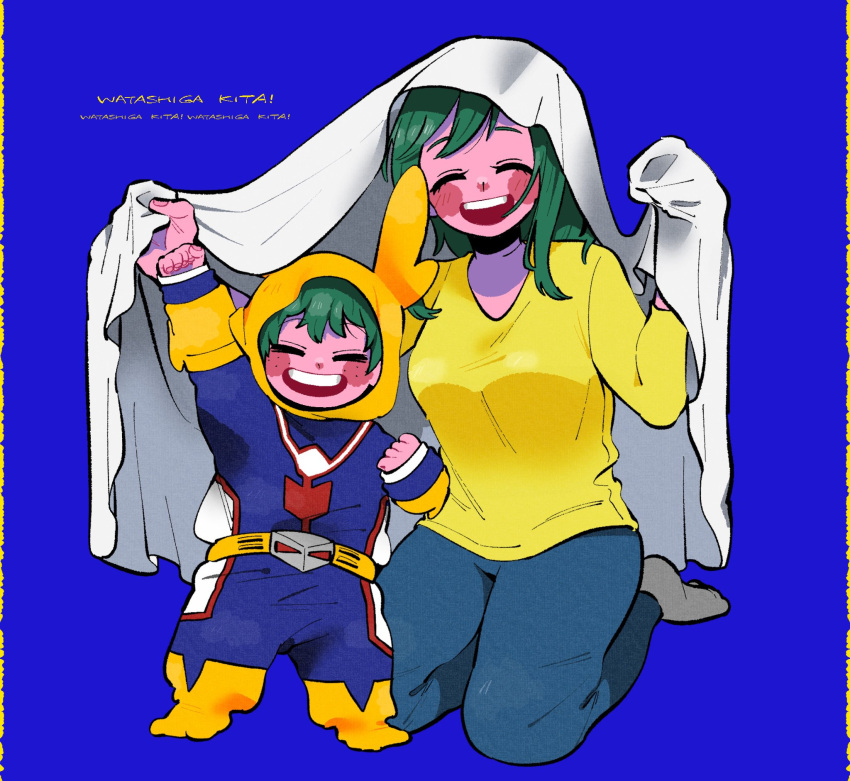 1boy 1girl ^_^ aged_down anna_(aannnaa3) arm_up bed_sheet blue_background blue_pants blush_stickers boku_no_hero_academia character_hood clenched_hands closed_eyes colored_skin commentary_request facing_viewer freckles full_body green_hair grey_socks hand_up hands_up happy highres holding holding_sheet kneeling long_hair long_sleeves male_child midoriya_inko midoriya_izuku mother_and_son onesie open_mouth outstretched_arm pants pink_skin raised_eyebrows romaji_text round_teeth shirt short_hair smile socks standing t-shirt teeth upper_teeth_only w_arms yellow_shirt