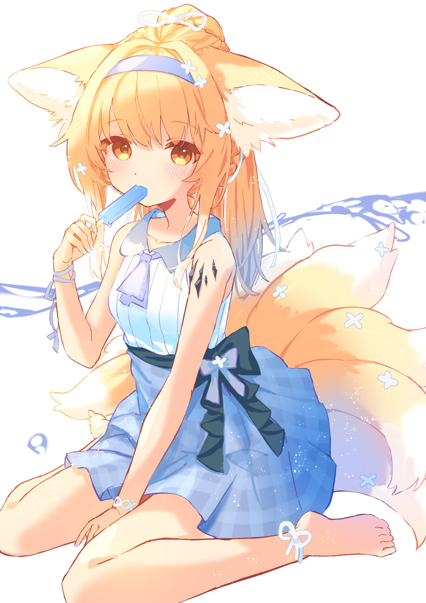 1girl absurdres alternate_costume animal_ear_fluff animal_ears ankle_ribbon arknights ascot bare_arms bare_shoulders barefoot blonde_hair blue_hairband blue_skirt blush breasts collarbone commentary cy_fros food_in_mouth fox_ears fox_girl fox_tail full_body hair_ribbon hairband highres holding_popsicle kitsune kyuubi leg_ribbon looking_at_viewer multiple_tails oripathy_lesion_(arknights) plaid plaid_skirt pleated_skirt ponytail purple_ascot ribbon shirt sitting skirt sleeveless sleeveless_shirt small_breasts solo suzuran_(arknights) tail wariza white_ribbon white_shirt wrist_ribbon yellow_eyes