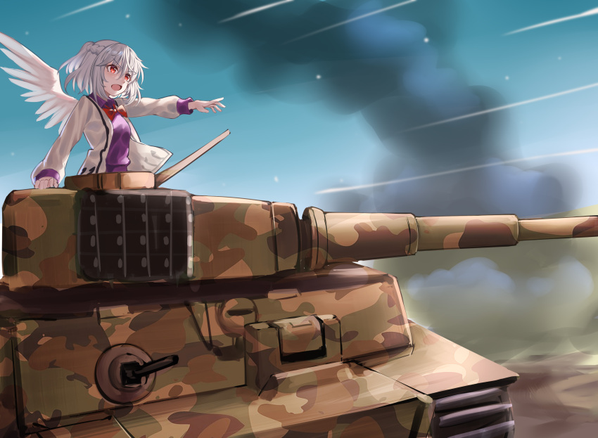 1girl absurdres ailu_elf bow bowtie braid cannon caterpillar_tracks chinese_commentary commentary_request french_braid grey_hair half_updo highres jacket kishin_sagume long_sleeves military military_vehicle motor_vehicle open_mouth outdoors red_bow red_bowtie red_eyes short_hair single_wing smoke solo tank tiger_i touhou upper_body white_jacket wings