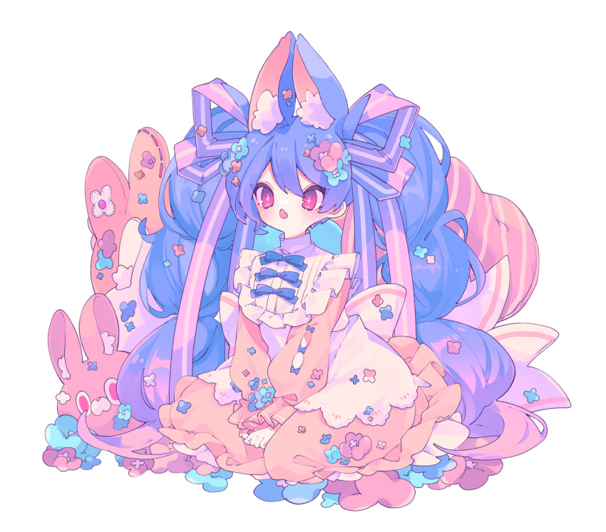 1girl :o animal_ear_fluff animal_ears baggy_clothes blue_flower blush bow center_frills cross cross-shaped_pupils dress fang flower frilled_dress frilled_shirt frills full_body gradient_hair hair_between_eyes hair_bow hair_flower hair_ornament hands_on_lap inverted_cross kneeling looking_at_viewer multicolored_hair open_mouth orange_dress original own_hands_together ozureiji pink_bow pink_eyes pink_flower pink_hair purple_hair rabbit_ears rabbit_girl shirt sidelocks simple_background skin_fang solo stuffed_animal stuffed_rabbit stuffed_toy symbol-shaped_pupils twintails white_background white_shirt