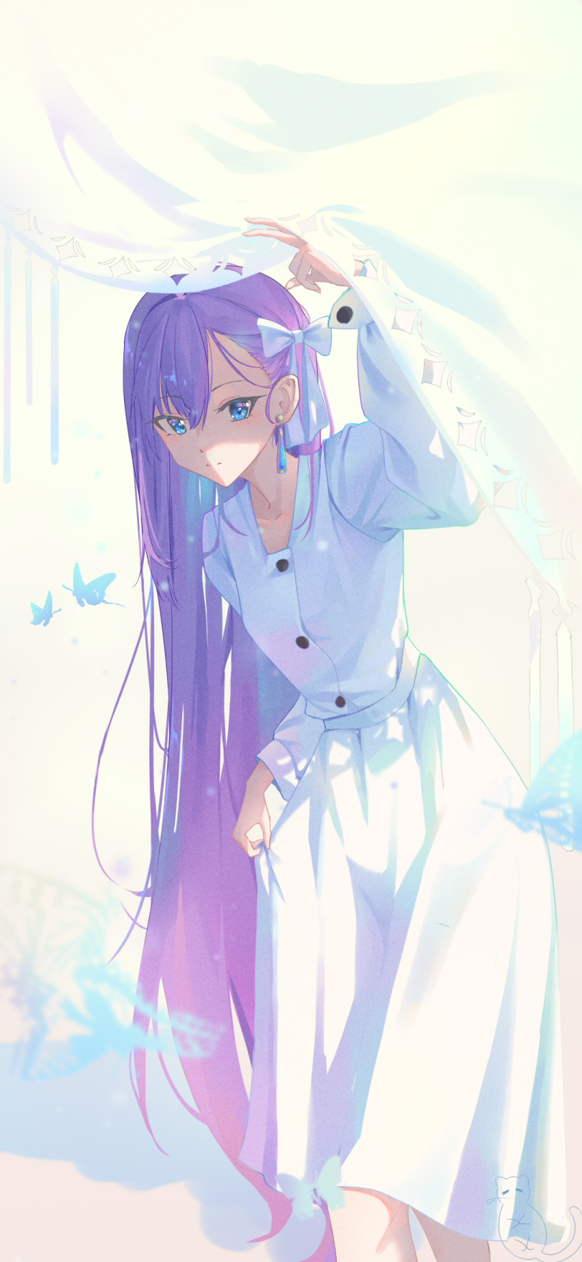 1girl alternate_costume blue_eyes bow bug butterfly closed_mouth curtains dress earrings expressionless fate/extra fate/extra_ccc fate/grand_order fate_(series) hair_bow highres jewelry long_dress long_sleeves looking_at_viewer meltryllis_(fate) nekoyun93 puffy_long_sleeves puffy_sleeves purple_hair skirt_hold solo standing swept_bangs white_bow white_dress