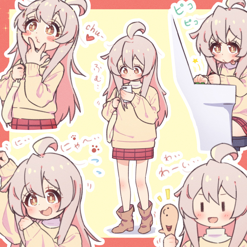 1girl :&gt; :d absurdres ahoge bag bare_legs blush_stickers boots border brown_eyes brown_footwear cellphone colored_inner_hair commentary grey_hair hair_between_eyes heart highres holding holding_phone ketchup_k long_sleeves miniskirt multicolored_hair multiple_views onii-chan_wa_oshimai! open_mouth outline outside_border oyama_mahiro paw_pose phone pink_hair puckered_lips red_border red_skirt shoulder_bag simple_background skirt smartphone smile sparkle tongue tongue_out two-tone_hair white_outline yellow_background |_|