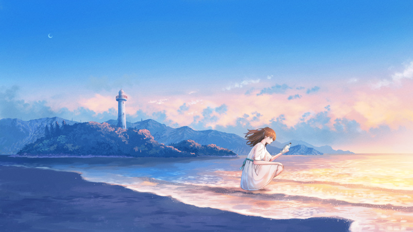 1girl absurdres barefoot beach blue_sky bottle brown_eyes brown_hair clouds commentary_request crescent_moon dress evening floating_hair highres holding holding_bottle landscape lighthouse long_hair message_in_a_bottle moon mountain ocean original outdoors scenery shuu_illust sky solo squatting sunset tree waves white_dress