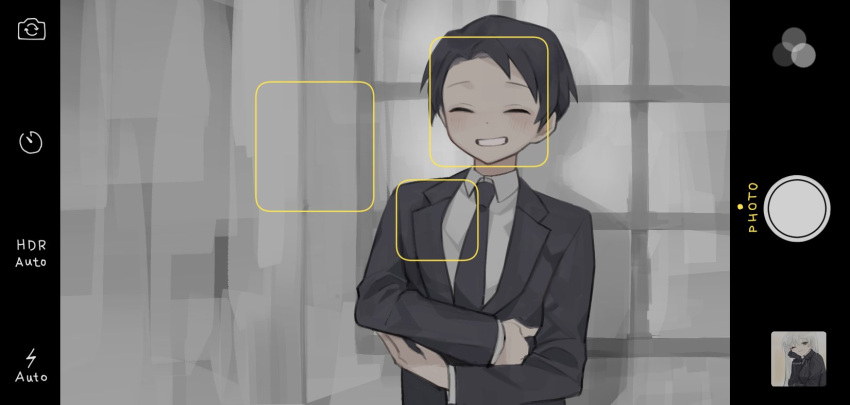 1boy black_hair black_jacket black_necktie closed_eyes collared_shirt commentary facing_viewer fake_screenshot friedbirdchips grin highres jacket library_of_ruina long_sleeves necktie project_moon roland_(library_of_ruina) shirt smile solo viewfinder white_background white_shirt window