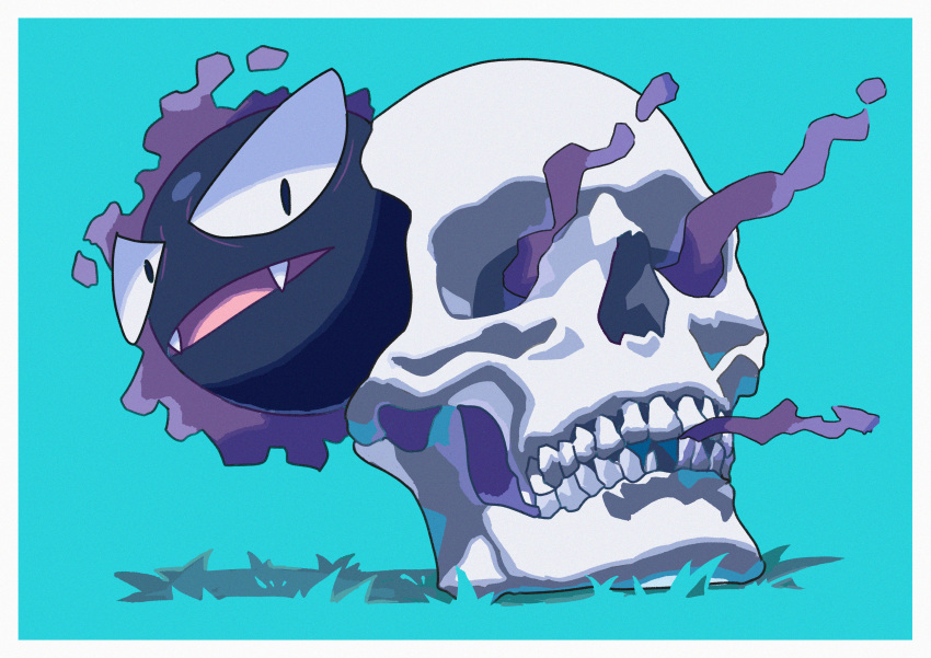 absurdres black_eyes border fangs frown gastly green_background highres looking_at_viewer no_humans open_mouth pokemon pokemon_(creature) saiku_(zvlku) skull solo white_border