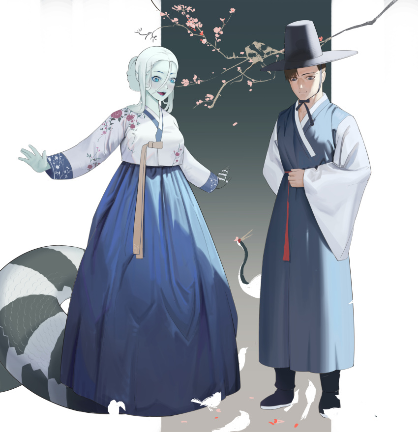 1boy 1girl absurdres animal aqua_hair aqua_skin bird black_headwear black_scales blue_eyes blue_hanbok blue_lips boonie_baby borrowed_character branch bright_pupils brown_hair closed_mouth edan_(sparrowl) fangs full_body gat_(korean_traditional_hat) hair_bun hanbok hands_up highres ivy_(sparrowl) korean_clothes lamia leaf long_hair long_sleeves looking_down monster_girl multicolored_background open_mouth original petals scales short_hair sidelocks slit_pupils standing white_pupils white_scales