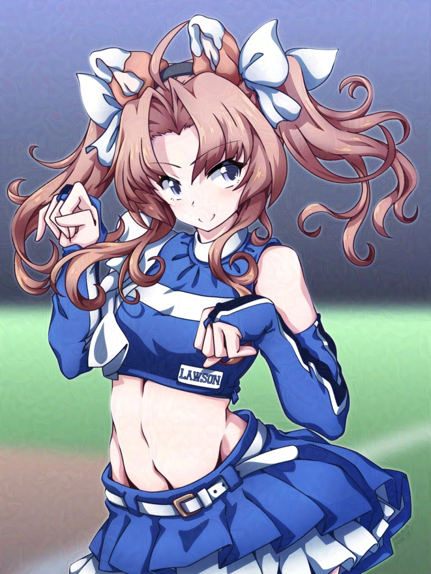 547th_sy ahoge alternate_costume animal_ears blue_shirt blue_skirt blurry blurry_background bridal_gauntlets brown_hair cowboy_shot fox_ears grey_eyes groin hair_ribbon highres kagerou_(kancolle) kagerou_kai_ni_(kancolle) kantai_collection kitsune_dance layered_skirt looking_at_viewer midriff paw_pose ribbon shirt simple_background skirt sleeveless sleeveless_shirt smile twintails white_ribbon