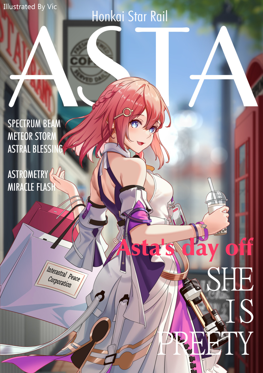 1girl absurdres asta_(honkai:_star_rail) back back_cutout bag bare_shoulders blue_eyes breasts bubble_tea clothing_cutout cover english_text engrish_text fake_magazine_cover hair_ornament highres honkai:_star_rail honkai_(series) id_card looking_back magazine_cover medium_breasts medium_hair nape pink_hair ranguage shirt shopping_bag sideways_glance sleeveless sleeveless_shirt telescope vic_(user_ztdh7374) white_shirt