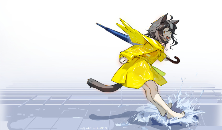 1girl absurdres ahoge animal_ears animal_hood barefoot blue_umbrella brown_hair cat_ears cat_girl cat_tail closed_umbrella flvski from_side full_body highres holding holding_umbrella hood hood_down hooded_coat jumping long_sleeves looking_at_viewer looking_to_the_side medium_hair open_mouth orange_eyes original outdoors puddle raincoat solo splashing tail umbrella water white_background yellow_raincoat
