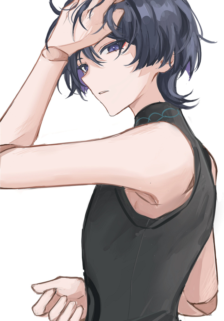 1boy absurdres black_hair black_shirt colored_inner_hair facing_to_the_side genshin_impact hand_in_own_hair highres looking_at_viewer male_focus mnce_o multicolored_hair purple_hair red_eyeliner scaramouche_(genshin_impact) shirt short_hair sleeveless sleeveless_shirt solo teeth turtleneck violet_eyes wanderer_(genshin_impact)