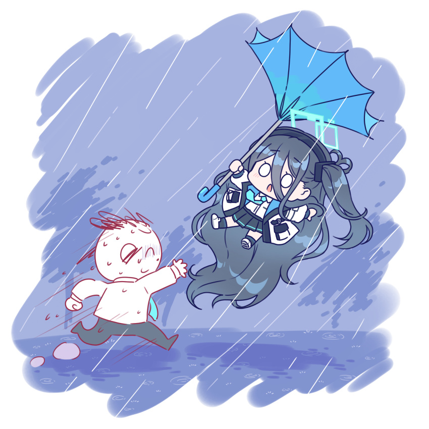0_0 1boy 1girl absurdly_long_hair aris_(blue_archive) arona's_sensei_doodle_(blue_archive) black_hair black_hairband black_skirt black_socks blue_archive blue_necktie blue_umbrella blush chibi collared_shirt dress_shirt flying_sweatdrops hair_between_eyes hairband highres jacket kaoling long_hair long_sleeves necktie one_side_up open_clothes open_jacket parted_lips pleated_skirt puffy_long_sleeves puffy_sleeves rain running sensei_(blue_archive) shirt shoe_soles shoes skirt socks tree umbrella very_long_hair white_footwear white_jacket white_shirt wind
