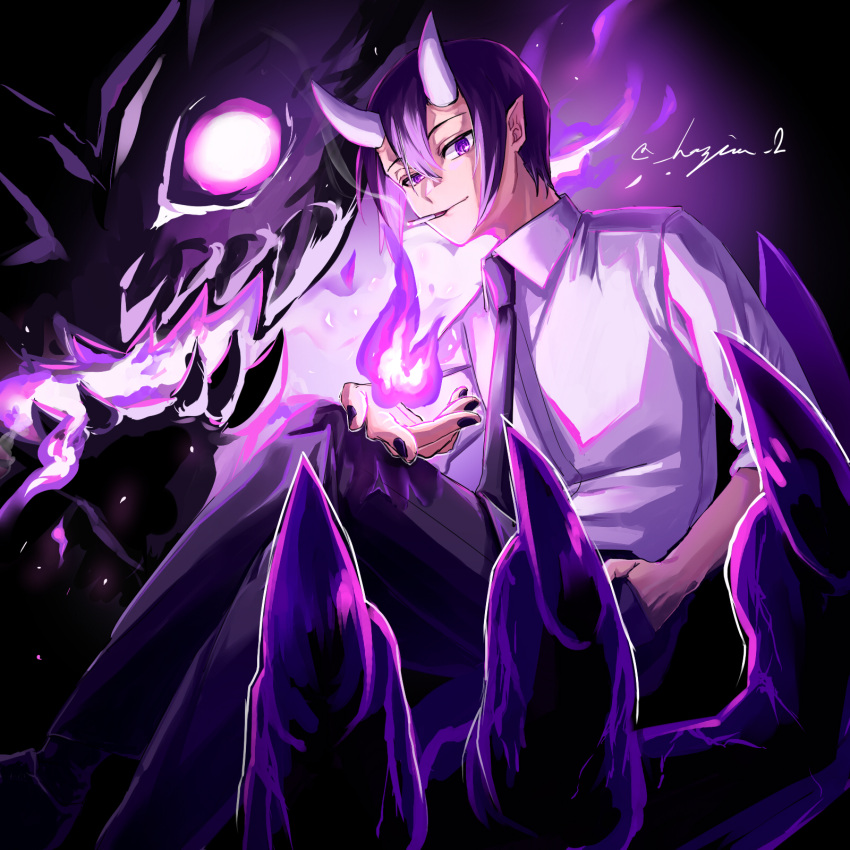 1boy black_background black_footwear black_hair black_nails black_necktie black_pants black_socks cigarette claws closed_mouth collared_shirt crossed_legs feet_out_of_frame fire hair_between_eyes hajime_(sakuraofsunset) hand_in_pocket highres horns ifrit_djinn_eito in_palm looking_at_viewer mairimashita!_iruma-kun male_focus monster mouth_hold necktie oni_horns pants pointy_ears purple_fire pyrokinesis shirt shoes short_hair sitting sleeves_rolled_up smile smoking socks solo violet_eyes white_horns white_shirt