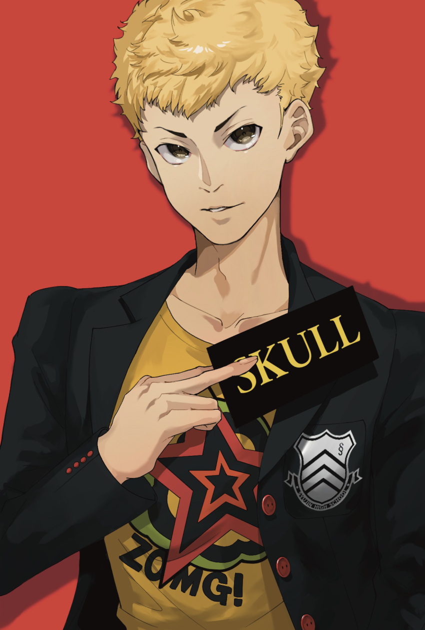 1boy between_fingers black_jacket blazer blonde_hair card collarbone english_text eroka404 hand_up highres holding holding_card jacket looking_at_viewer male_focus open_clothes open_jacket parted_lips persona persona_5 print_shirt red_background sakamoto_ryuuji school_uniform shirt short_hair shuujin_academy_school_uniform simple_background solo t-shirt upper_body very_short_hair yellow_eyes yellow_shirt