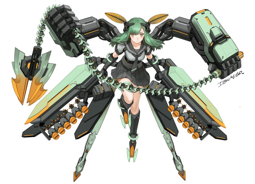 1girl absurdres black_skirt boots closed_mouth devil_lo elbow_gloves extra_arms flail full_body gloves green_eyes green_hair headgear highres long_hair mecha_musume mechanical_arms original pleated_skirt school_uniform serafuku short_sleeves signature simple_background skirt weapon white_background
