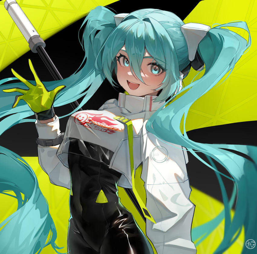 1girl absurdly_long_hair aqua_eyes aqua_hair black_bodysuit bodysuit breasts covered_navel cowboy_shot crop_top crop_top_overhang cropped_jacket flag flagpole flame_print floating_hair gloves goodsmile_company goodsmile_racing green_flag green_gloves hair_between_eyes hair_intakes hatsune_miku high_collar highres holding holding_pole jacket long_bangs long_hair long_sleeves looking_at_viewer matsuo_ringo open_mouth pole racequeen racing_miku racing_miku_(2022) shiny_clothes smile smiley_face solo text_print twintails two-tone_gloves very_long_hair vocaloid waving wavy_hair white_jacket