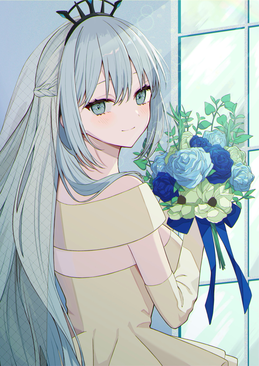 1girl absurdres alternate_costume bare_shoulders blue_eyes blue_hair blush bouquet braid bridal_veil bride closed_mouth commentary dot_nose dress fate/grand_order fate_(series) french_braid from_behind hair_between_eyes hair_ornament highres holding holding_bouquet kake_udon light_blue_hair long_hair looking_at_viewer morgan_le_fay_(fate) sidelocks solo upper_body veil wedding_dress window