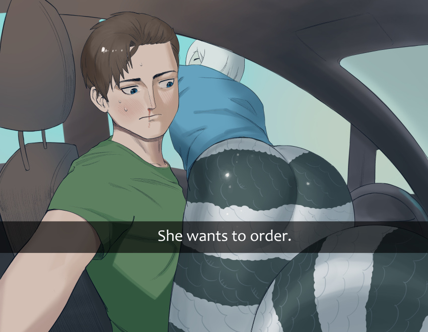1boy 1girl absurdres ass black_scales blood blue_background blue_eyes blue_shirt boonie_baby borrowed_character brown_hair car closed_mouth edan_(sparrowl) gradient_background green_background green_shirt grey_scales he_wants_to_order_(meme) highres ivy_(sparrowl) lamia meme monster_girl motor_vehicle nosebleed original scales shirt short_hair short_sleeves sitting t-shirt upper_body