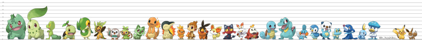 absurdres animal_ear_fluff arm_up beak black_fur blue_eyes bright_pupils brown_eyes brown_fur bulbasaur charmander chespin chikorita chimchar claws colored_sclera creature crossed_arms ditb eevee fangs fennekin fiery_tail flame-tipped_tail froakie frown fuecoco grookey height_chart highres leaf leg_up lineup litten mudkip no_humans nose_bubble nostrils open_mouth orange_eyes orange_fur oshawott pikachu piplup pokemon pokemon_(creature) popplio quaxly red_eyes rowlet scorbunny sharp_teeth shell smile snivy sobble sprigatito squirtle starter_pokemon_trio tail teeth tepig torchic totodile treecko turtle_shell turtwig twig twitter_username whiskers white_fur white_pupils wide_image yellow_fur yellow_sclera