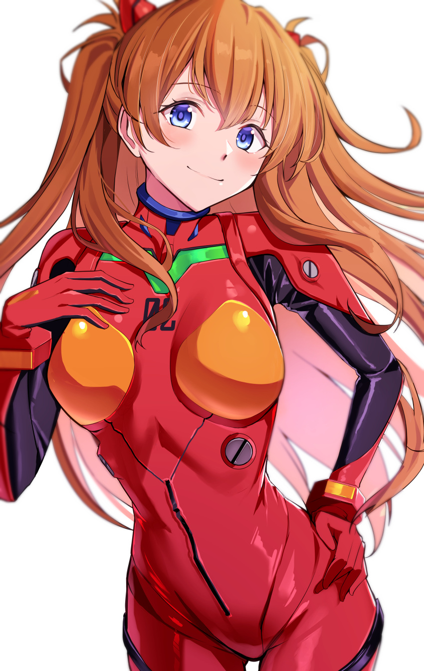 1girl absurdres blue_eyes bodysuit breasts brown_hair closed_mouth floating_hair hairpods hand_on_own_hip hand_up highres long_hair looking_at_viewer medium_breasts neon_genesis_evangelion orange_hair plugsuit red_bodysuit simple_background smile solo souryuu_asuka_langley two_side_up very_long_hair white_background yoshimoto_(carpsukidayo)