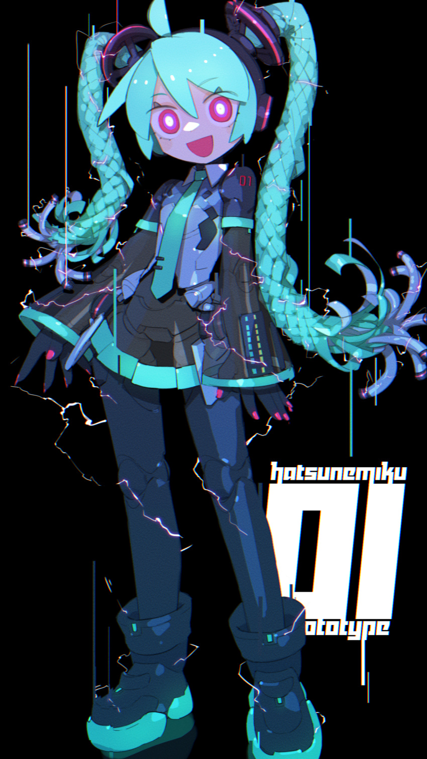 1girl :d absurdres ahoge android aqua_hair aqua_necktie arms_at_sides black_background black_footwear boots bright_pupils cable_hair character_name cheri_zao collar commentary contrapposto detached_sleeves electricity film_grain fingernails full_body hair_between_eyes hair_ornament hatsune_miku headphones highres joints long_hair looking_at_viewer mechanization nail_polish necktie number_tattoo open_mouth pink_eyes pink_nails pleated_skirt robot_girl robot_joints science_fiction see-through see-through_skirt see-through_sleeves shoulder_tattoo simple_background skirt smile solo standing tattoo tie_clip twintails vocaloid white_collar white_pupils