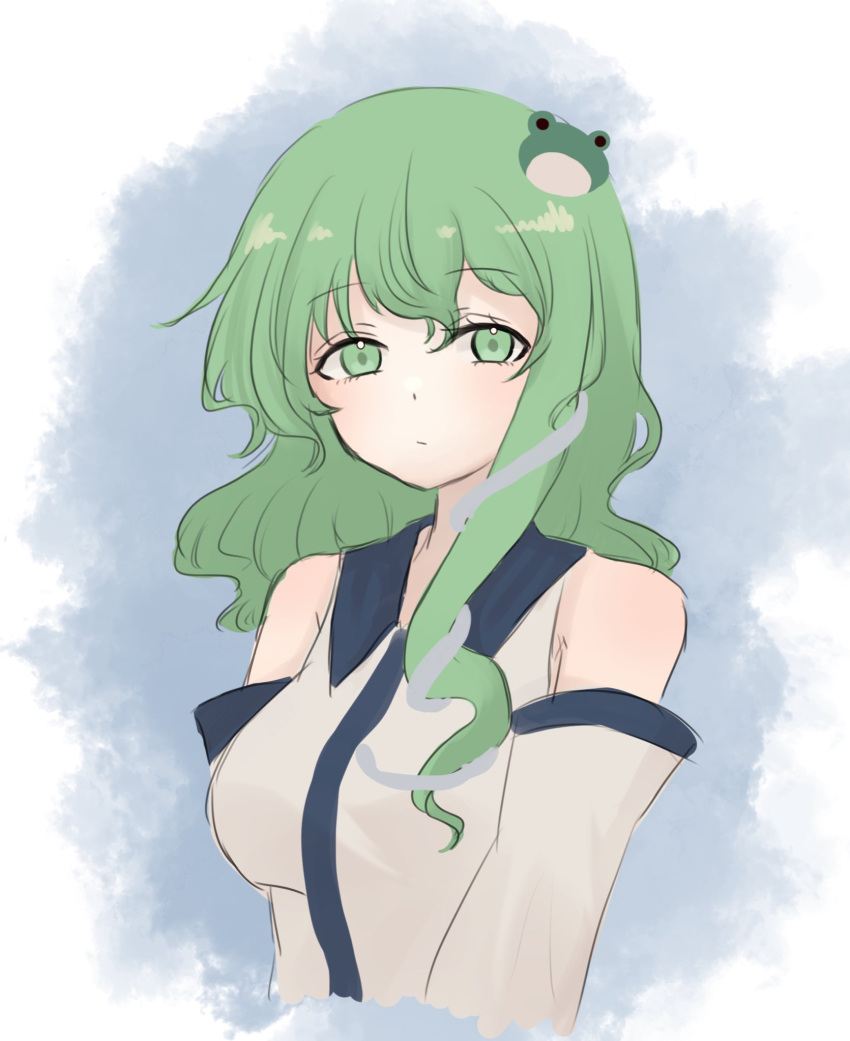 1girl bare_shoulders breasts closed_mouth commentary_request cropped_torso detached_sleeves frog_hair_ornament green_eyes green_hair grey_background hair_ornament highres kochiya_sanae long_hair looking_at_viewer pipita snake_hair_ornament solo touhou
