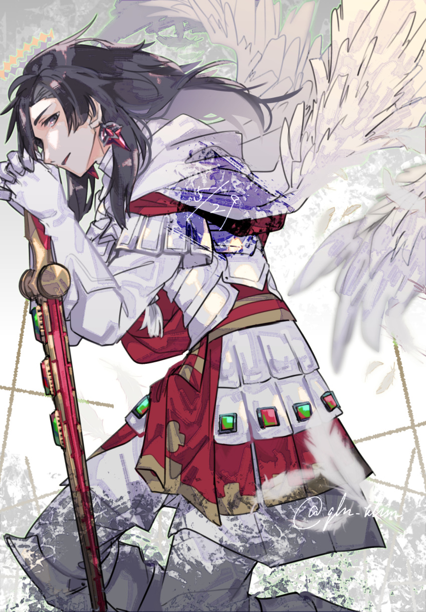 1boy angel_wings armor black_eyes black_hair boots cloak constantine_xi_(fate) cross earrings fate/grand_order fate_(series) faulds feathers feet_out_of_frame gloves hair_between_eyes halo hands_on_hilt highres holding holding_sword holding_weapon jewelry k_lun kneeling long_hair long_sleeves looking_at_viewer male_focus pants parted_lips poleyn profile red_sash sash sheath sheathed sideways_glance solo sword tassel tunic weapon white_armor white_background white_cloak white_footwear white_gloves white_pants white_tunic white_wings wings