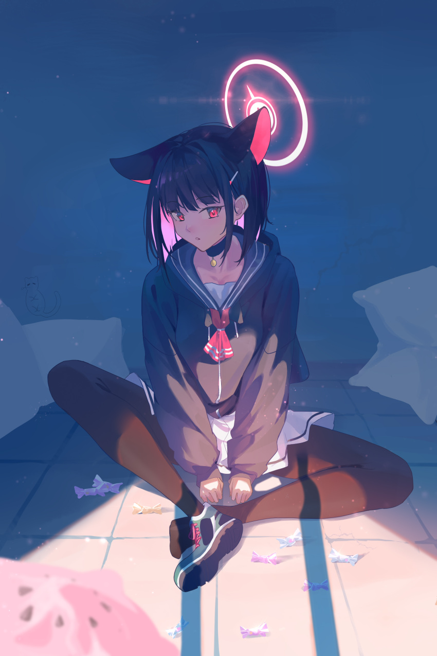 1girl absurdres animal_ears black_choker black_hair black_hoodie black_pantyhose blue_archive blue_sailor_collar blurry blurry_foreground candy cat_ears cat_girl choker colored_inner_hair food full_body glowing_halo graffiti halo highres hood hoodie indian_style kazusa_(blue_archive) looking_at_viewer multicolored_hair neckerchief nekoyun93 pantyhose pink_hair pleated_skirt red_eyes red_neckerchief sailor_collar shoes short_hair single_shoe sitting skirt sneakers solo white_skirt wrapped_candy