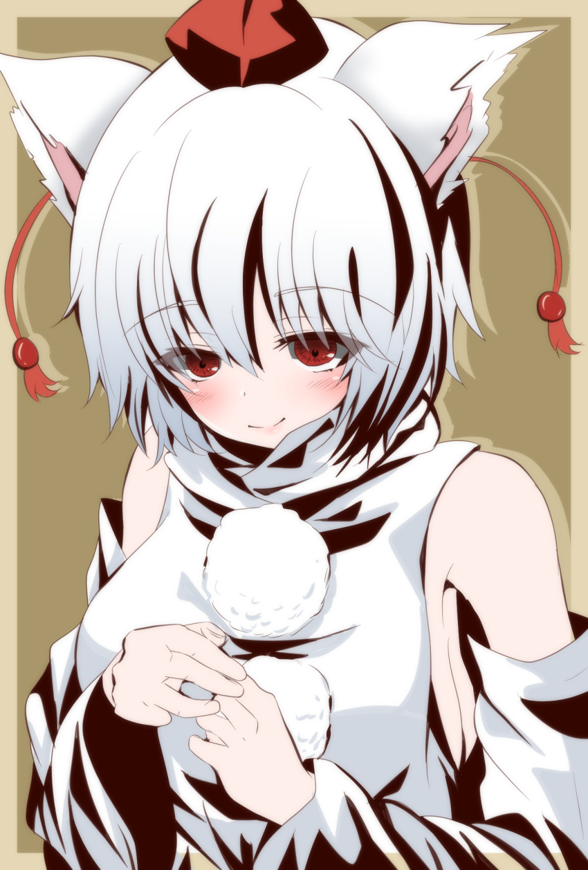1girl animal_ears bare_shoulders breasts brown_background closed_mouth commentary_request guchadoro hat highres inubashiri_momiji looking_at_viewer pom_pom_(clothes) red_eyes red_headwear short_hair simple_background smile solo tokin_hat touhou upper_body white_hair wolf_ears wolf_girl