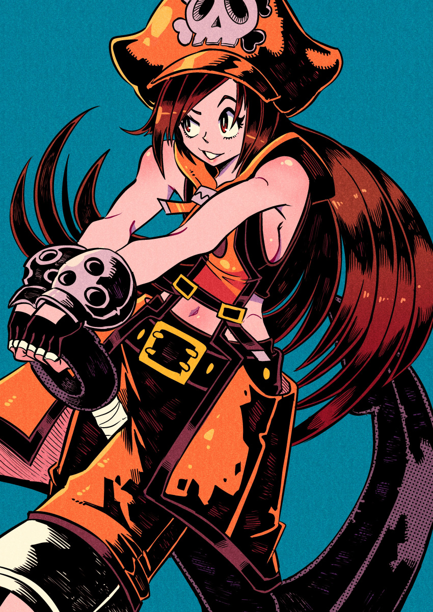1girl absurdres anchor aqua_background black_gloves brown_eyes brown_hair cabbie_hat commission fingerless_gloves gloves guilty_gear guilty_gear_xrd hat hat_ornament highres holding holding_anchor long_hair looking_to_the_side may_(guilty_gear) orange_headwear pirate pirate_hat skull_and_crossbones skull_hat_ornament smile vakodraws