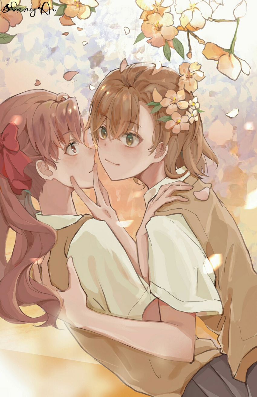 2girls aisheng_kuroko black_skirt blush branch brown_eyes brown_hair brown_sweater_vest collared_shirt cowboy_shot dutch_angle falling_petals flat_chest flower from_side gradient_background hair_flower hair_ornament hand_on_another's_back hand_on_another's_shoulder highres leaf long_hair looking_at_another misaka_mikoto multiple_girls official_alternate_costume outdoors parted_bangs petals red_ribbon ribbon school_uniform shirai_kuroko shirt short_hair short_sleeves signature skirt smile standing summer_uniform sweater_vest toaru_kagaku_no_railgun toaru_majutsu_no_index tokiwadai_school_uniform twintails watercolor_effect white_flower white_shirt yuri