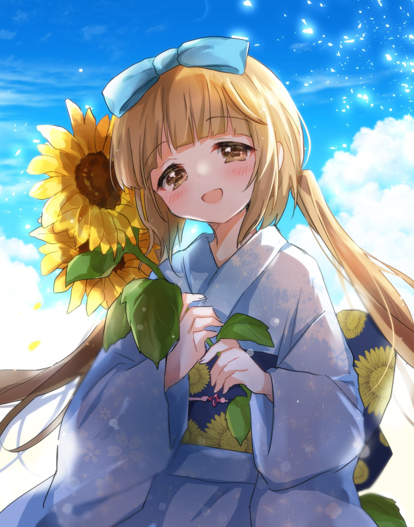 1girl blue_kimono blue_ribbon blue_sky blunt_bangs blush bow breasts brown_eyes brown_hair clouds day dot_nose floral_print flower hair_bow hair_ribbon hands_up highres holding holding_flower idolmaster idolmaster_cinderella_girls japanese_clothes kimono long_hair long_sleeves looking_at_viewer motimotica obi obijime open_mouth ponytail print_kimono print_sash ribbon sash sky small_breasts smile solo sunflower very_long_hair wide_sleeves yorita_yoshino