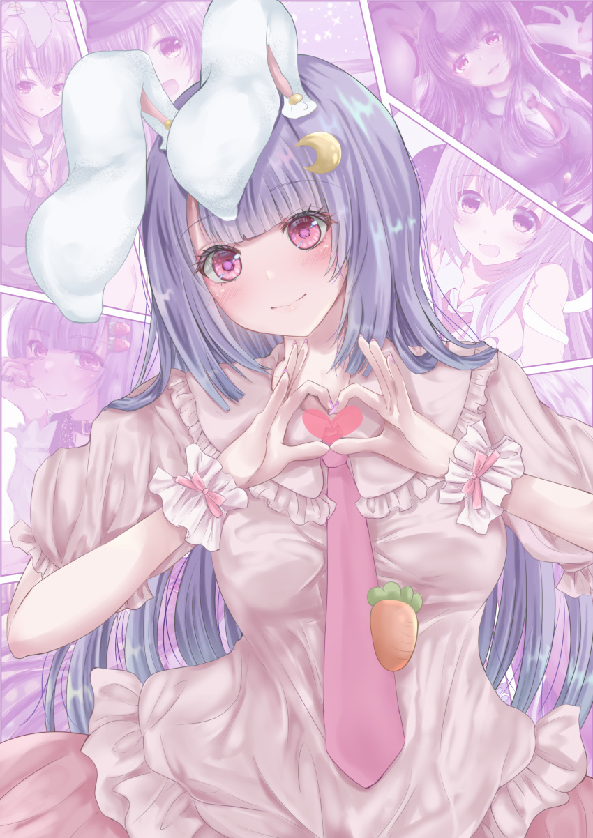 1girl absurdres animal_ears blunt_bangs carrot_pin closed_mouth commentary_request crescent crescent_hair_ornament guchadoro hair_ornament heart heart_hands highres long_hair looking_at_viewer multiple_views necktie pink_eyes pink_necktie purple_hair rabbit_ears rabbit_girl reisen_udongein_inaba short_sleeves smile solo touhou upper_body