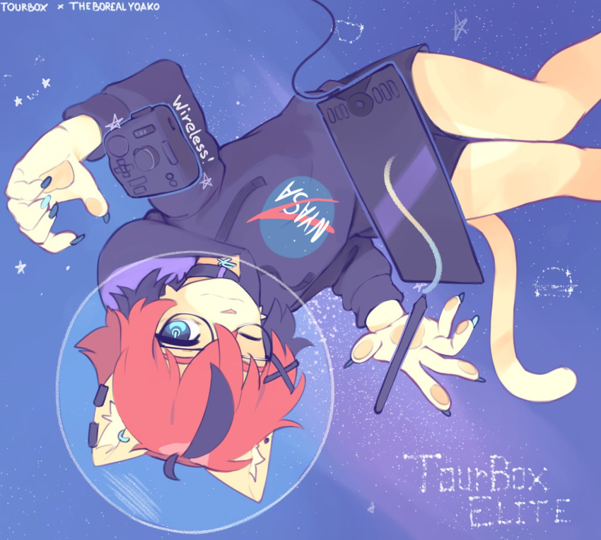 1girl aeiou_(yoako) ahoge animal_ear_fluff animal_ears animal_nose artist_name black_choker black_hair blue_eyes cat_ears cat_girl cat_tail choker commentary drawstring ear_piercing earclip english_commentary english_text feet_out_of_frame fishbowl_helmet furry furry_female highres long_sleeves looking_at_viewer multicolored_hair multicolored_nails nail_polish nasa_logo one_eye_closed original pawpads piercing power_symbol-shaped_pupils redhead short_hair smile solo space stylus tablet_pc tail tourbox two-tone_hair yoako