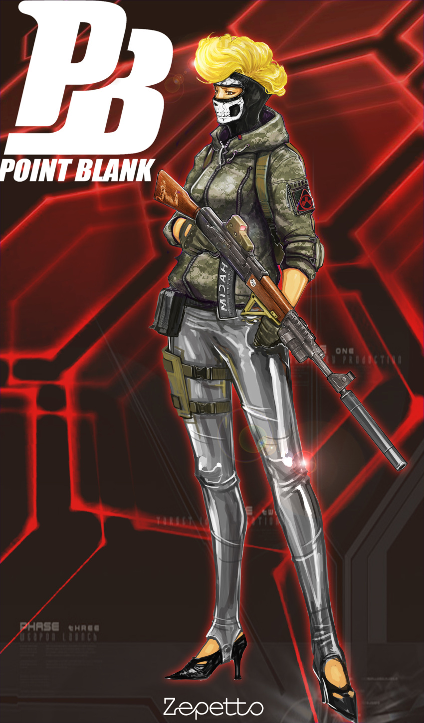 1girl absurdres assault_rifle baklava belt_pouch black_eyes blonde_hair camouflage camouflage_jacket full_body gloves gun high_heels highres holding holding_gun holding_weapon jacket jason_j._lee original point_blank_(game) pouch rifle skull_print sleeves_rolled_up solo suppressor thigh_pouch weapon