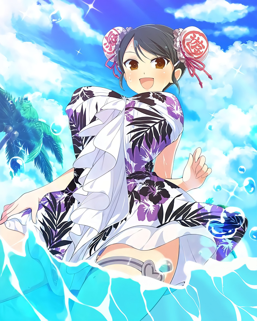 1girl absurdres black_hair blue_sky breasts clouds coconut coconut_tree curvy day dress_swimsuit floral_dress floral_print happy heart highres large_breasts meimei_(senran_kagura) ocean official_art open_mouth orange_eyes outdoors palm_tree senran_kagura senran_kagura_new_wave sky smile thick_thighs thighlet thighs tree yaegashi_nan