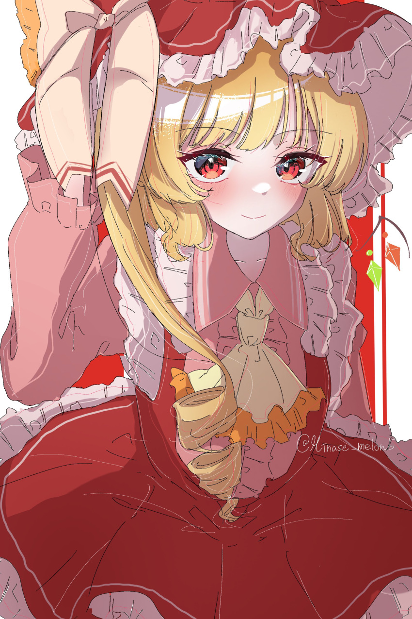 1girl absurdres adapted_costume blonde_hair blush center_frills closed_mouth collarbone commentary_request cowboy_shot crystal dress drill_hair flandre_scarlet frills hand_up highres light_smile long_hair long_sleeves looking_at_viewer medium_hair minase_melon5 one_side_up red_dress red_eyes simple_background solo touhou white_background wings