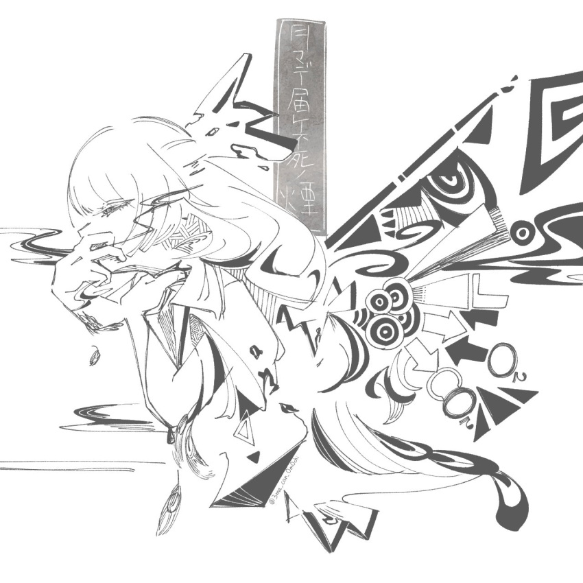 1girl 3ma_can_omochi abstract arrow_(symbol) bleeding blood bow commentary covering_mouth cropped_torso falling_feathers from_side fujiwara_no_mokou greyscale hair_bow half-closed_eyes hand_on_own_neck hand_over_own_mouth highres long_hair low-tied_long_hair monochrome profile short_sleeves smoke_from_mouth solo song_name touhou translated twitter_username wings