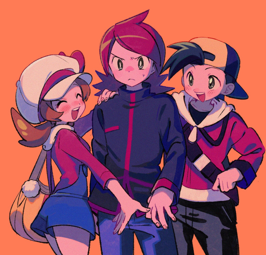 1girl 2boys :d backwards_hat baseball_cap black_hair black_shirt blue_overalls blush brown_hair cabbie_hat closed_eyes closed_mouth cowlick ethan_(pokemon) grey_eyes hand_on_another's_shoulder hat highres jacket long_hair lyra_(pokemon) multiple_boys ok_ko19 open_mouth orange_background overalls pants pokemon pokemon_(game) pokemon_hgss redhead shirt short_hair silver_(pokemon) smile teeth twintails upper_teeth_only white_headwear yellow_bag zipper_pull_tab