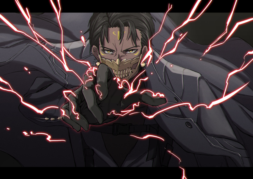 1boy black_gloves black_hair forehead_tattoo gloves grey_jacket highres jacket lightning mask mouth_mask nyoro1980 punishing:_gray_raven short_hair vonnegut_(punishing:_gray_raven) yellow_eyes